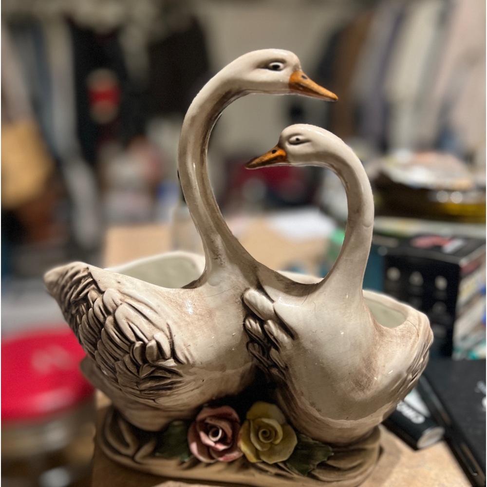 Double Swan signed Capodimonte porcelain Vase